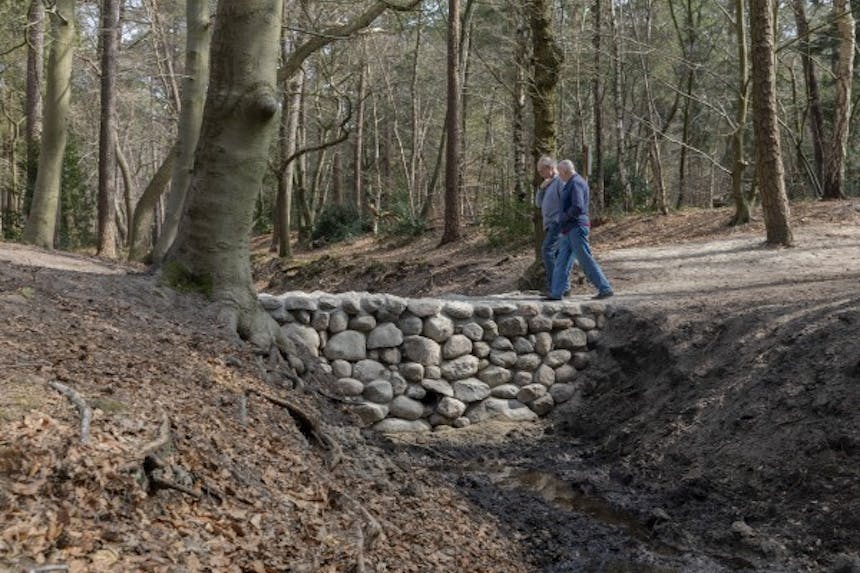 wandelaars over dam van stenen in Zeisterbos